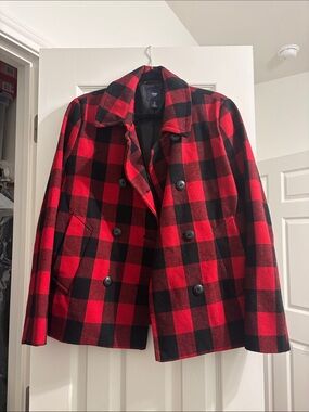 GAP Red and Black Plaid Double-Breasted Peacoat